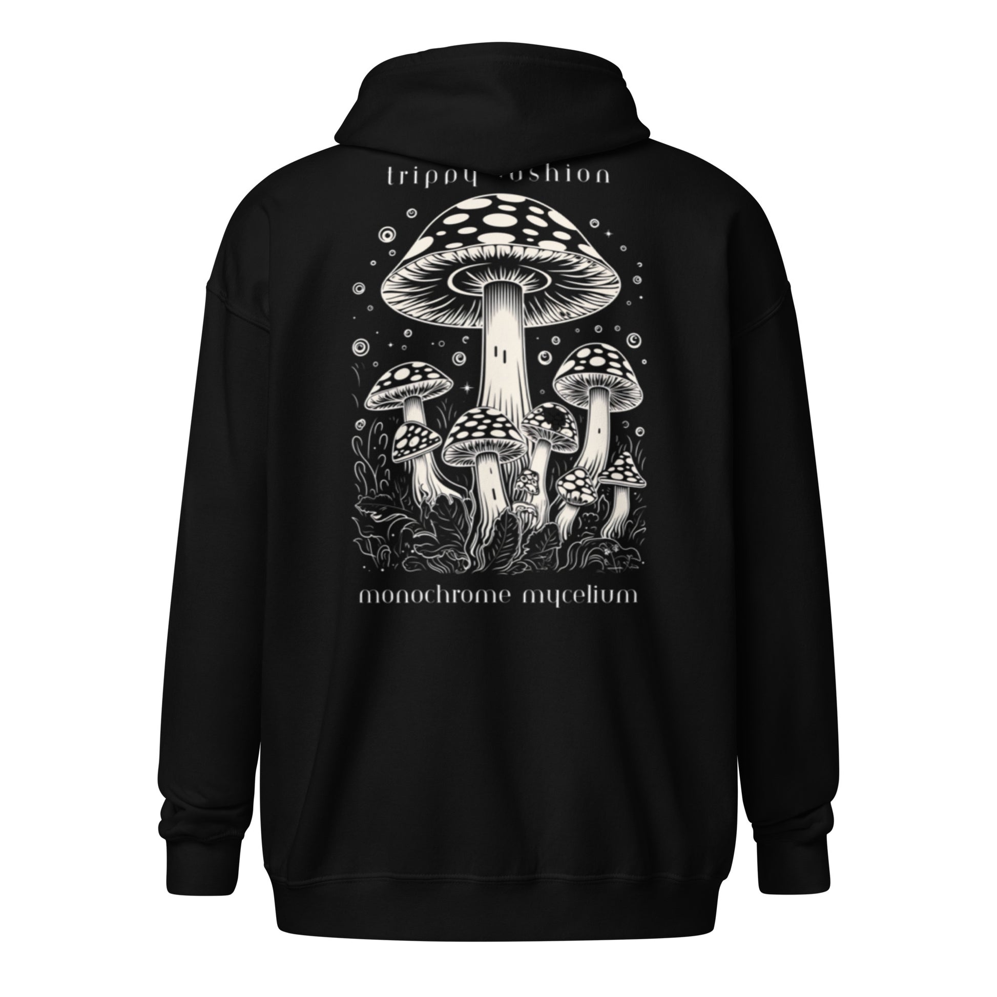 Cap Contours black hoodie with mesmerizing mushroom cap design