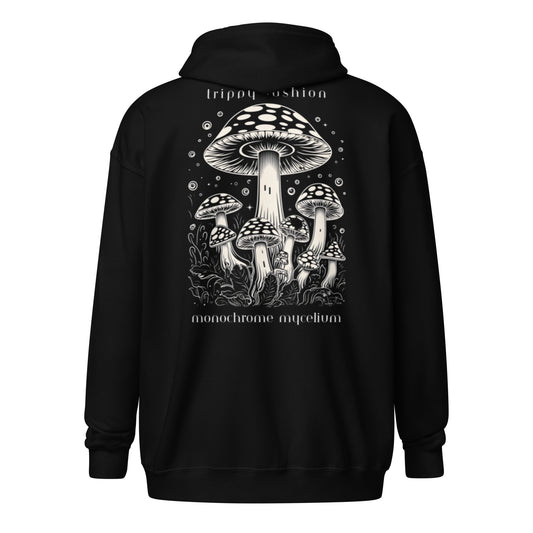 Cap Contours black hoodie with mesmerizing mushroom cap design