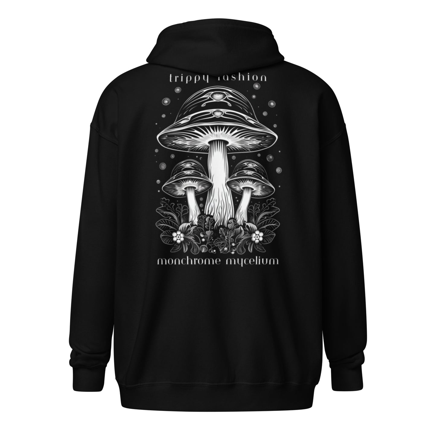 Gilled Grace black hoodie with intricate mushroom design